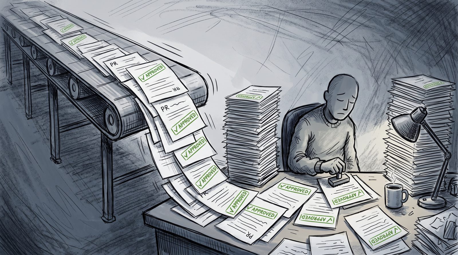 At scale: PRs stacking up faster than any team can review, green stamps applied blindly